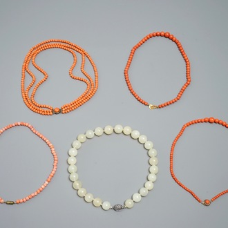 Five Chinese necklaces of coral and jade beads, 20th C.