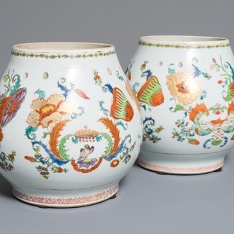 A pair of Chinese famille rose 'Pompadour' pot-pourri jars, Qianlong, ca. 1745