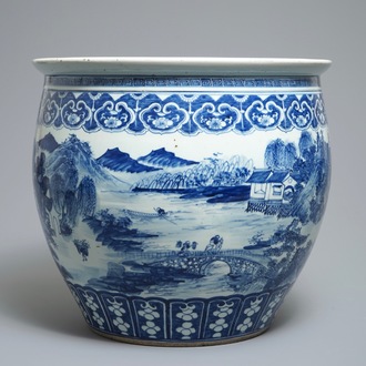 A Chinese blue and white fish bowl with a river landscape, 19th C.