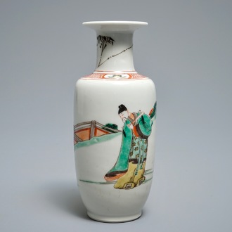 A Chinese famille verte rouleau vase with figures in a landscape, Kangxi