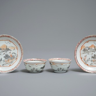 A pair of Chinese famille rose bianco sopra bianco cups and saucers, Qianlong