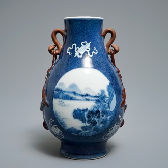 A Chinese blue and white powder blue-ground hu vase with landscape medallions, 19/20th C.