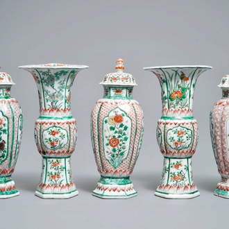 A Chinese famille verte five-piece garniture with floral design , Kangxi