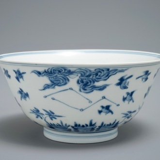 A Chinese blue and white bowl with birds among foliage, Kangxi mark and of the period