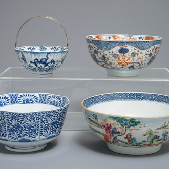 Quatre bols en porcelaine de Chine bleu et blanc, famille rose et de style Imari, Kangxi, Qianlong et 19ème