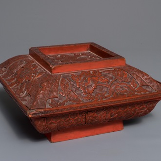 A Chinese cinnabar lacquer square bowl and cover with a qilin, 17/18th C.