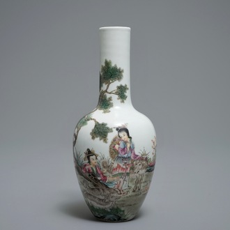 A Chinese famille rose vase with shepherdesses and their sheep, Qianlong mark, 20th C.