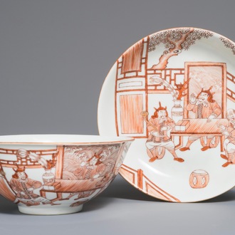 A Chinese iron red bowl and dish with the three star-gods Fuxing, Luxing and Shoushing, 19/20th C.