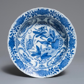 A Chinese blue and white klapmuts bowl with a duck, Wanli
