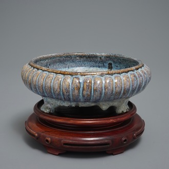 A Chinese robin's egg-glazed tripod censer on wooden base, 19/20th C.