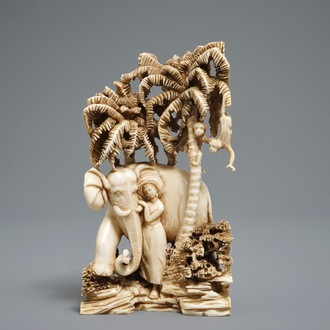 A Chinese carved ivory group of a lady with an elephant, 1st half 20th C.