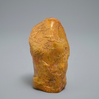 A Chinese carved Shoushan soapstone boulder with landscape design, 19/20th C.