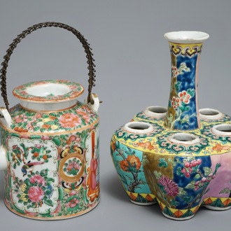 A Chinese famille rose Straits or Peranakan tulip vase and a Canton teapot, 19th C.