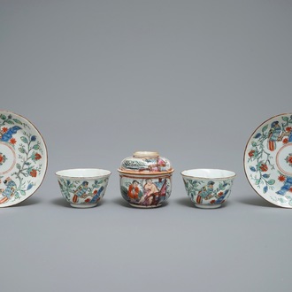 A pair of Chinese Dutch-decorated Amsterdams bont cups and saucers and a box with cover, Qianlong