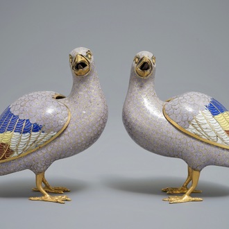 A pair of Chinese cloisonné enamel quail censers and covers, 18th C.