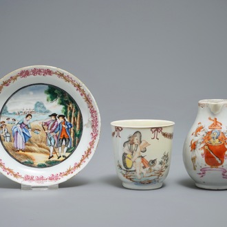 A Chinese famille rose export milk jug, a saucer and a cup, Qianlong