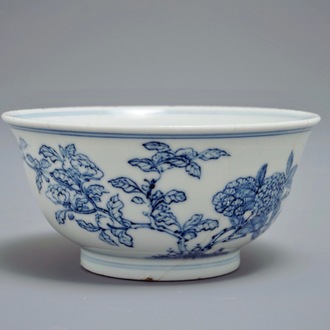 A Chinese blue and white bowl with butterflies and flowers, Yongzheng mark and of the period