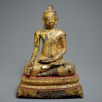 A large Thai gilt bronze Buddha seated on a lotus throne, Rattanakosin, 19th C.