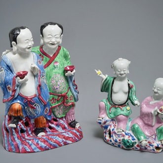 Two Chinese famille rose groups of the Hehe Er Xian brothers, 18th and 19th C.