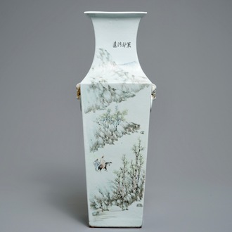 Un vase de forme carré en porcelaine de Chine qianjiang cai, signé Ma Qing Yun, 19/20ème