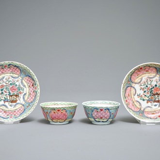 A pair of Chinese famille rose eggshell cups and saucers with overglaze floral design, Yongzheng