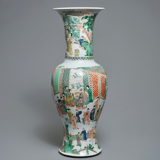A large Chinese famille verte phoenix-tail vase with figurative design around, Kangxi