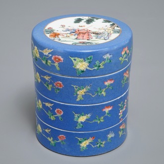 A Chinese blue-ground famille rose four-tier box, Tongzhi mark, 19th C.