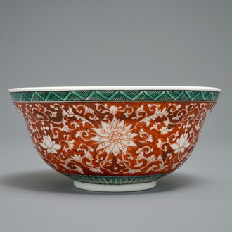 A Chinese coral-ground lotus scroll bowl, Jiaqing mark, 19/20th C.