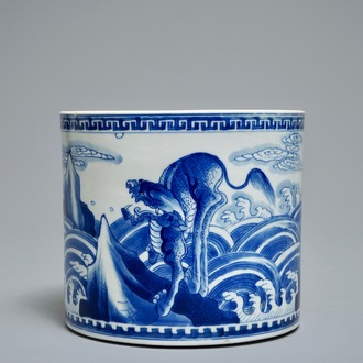 A Chinese blue and white cylindrical brush pot or bitong with mythical beasts, Kangxi