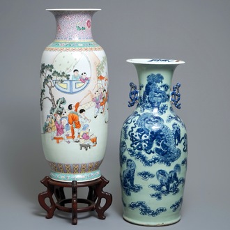 A Chinese famille rose vase, Republic, and a blue and white celadon-ground vase, 19th C.