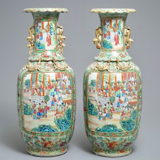 A pair of Chinese Canton famille rose celadon-ground vases, 19th C.