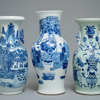 Three Chinese blue and white vases, 19th C.