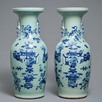 A pair of Chinese blue and white celadon-ground vases with design of antiquities, 19th C.