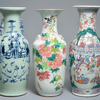 Three tall Chinese famille rose and celadon-ground vases, 19/20th C.