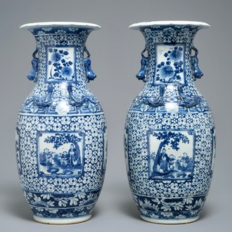 A pair of Chinese blue and white vases with figurative medallions, 19th C.