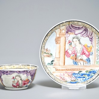 Deux soucoupes et une tasse en porcelaine de Chine famille rose à décor d'une femme et son chien, Yongzheng