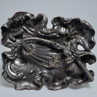 A large Chinese carved wood lotus leaf with various water animals, 19th C.