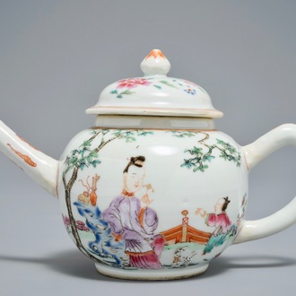 A Chinese famille rose teapot with a lady and a boy in a garden, Qianlong