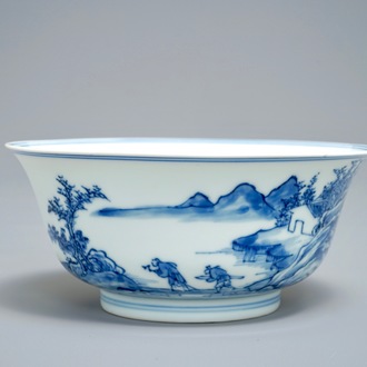 A Chinese blue and white bowl with a fine landscape, Yongzheng mark and of the period