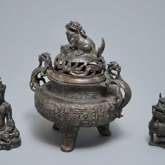 Two Chinese bronze incense burners and a figure of Buddha Shakyamuni, Ming and later