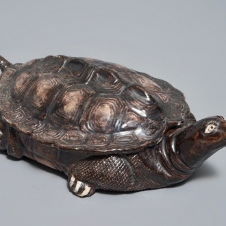 A rare Chinese brown-glazed biscuit tureen and cover in the shape of a turtle, Qianlong