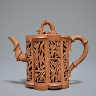 A Chinese reticulated double-walled Yixing stoneware bamboo-shaped teapot and cover, Kangxi