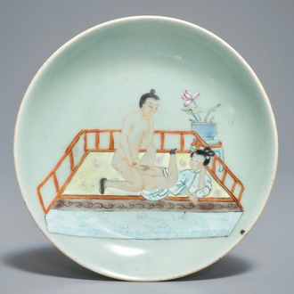 A Chinese famille rose celadon-ground plate with erotical design, 19th C.