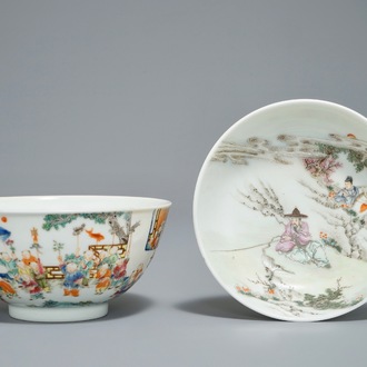 A Chinese famille rose bowl, Jiaqing mark, and a famille rose saucer, 19/20th C.