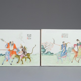 A pair of fine Chinese famille rose plaques with immortals riding their animal, 19/20th C.