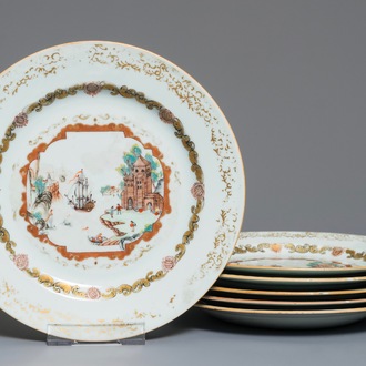 Zes Chinese Meissen-stijl borden met een havenscène, Qianlong