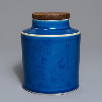 A Chinese monochrome blue tea caddy with underglaze design, Kangxi