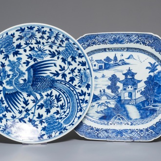 A Chinese blue and white 'phoenix' dish and an oval landscape dish, 19th C. and Qianlong