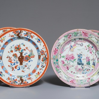 Two pairs of Chinese famille rose and verte plates, Yongzheng/Qianlong