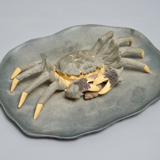 A Chinese Yixing stoneware crab on lotus-shaped dish, 20th C.